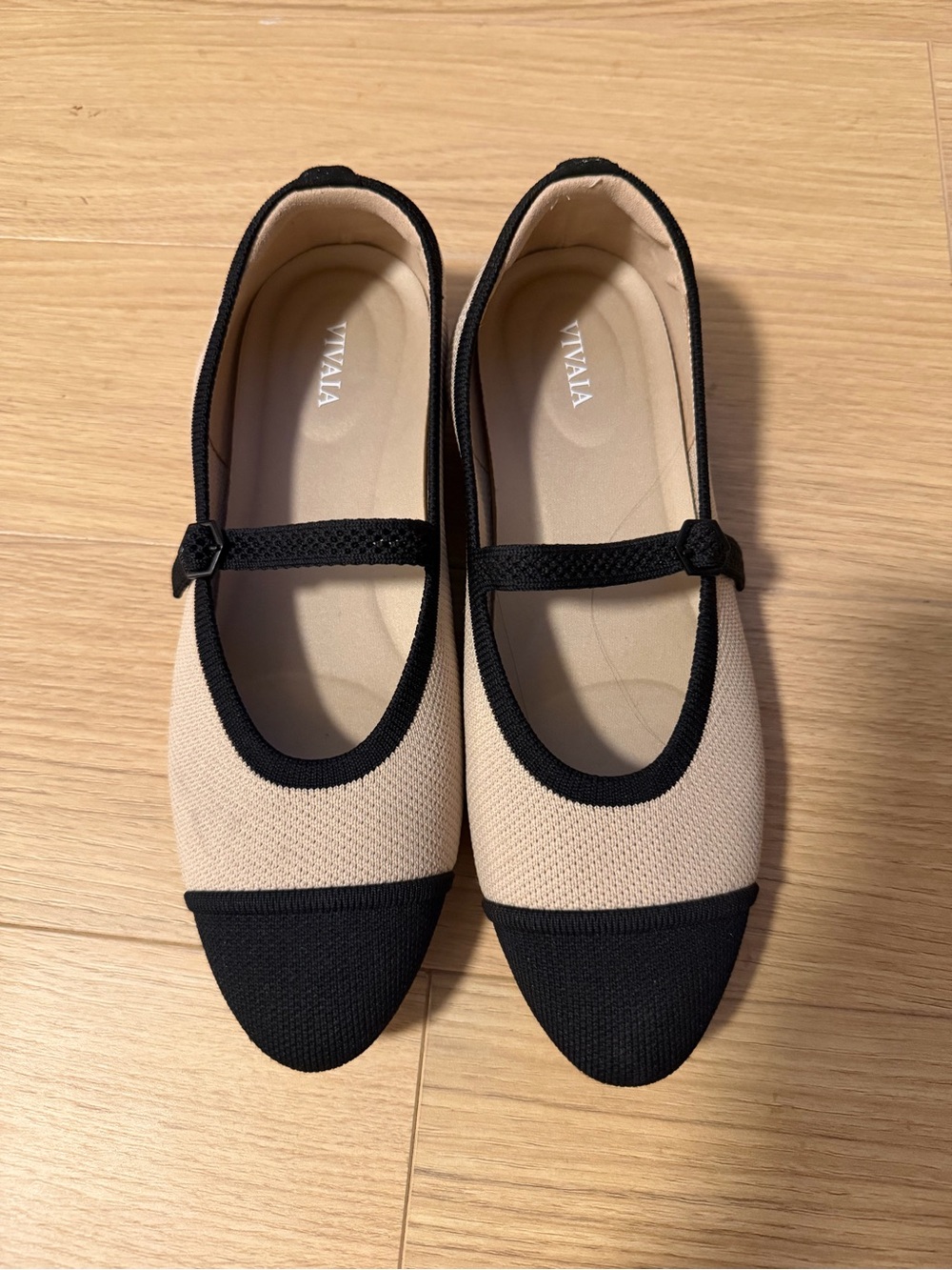 VIVAIA Beige and Black Mary Jane Flats with Strap